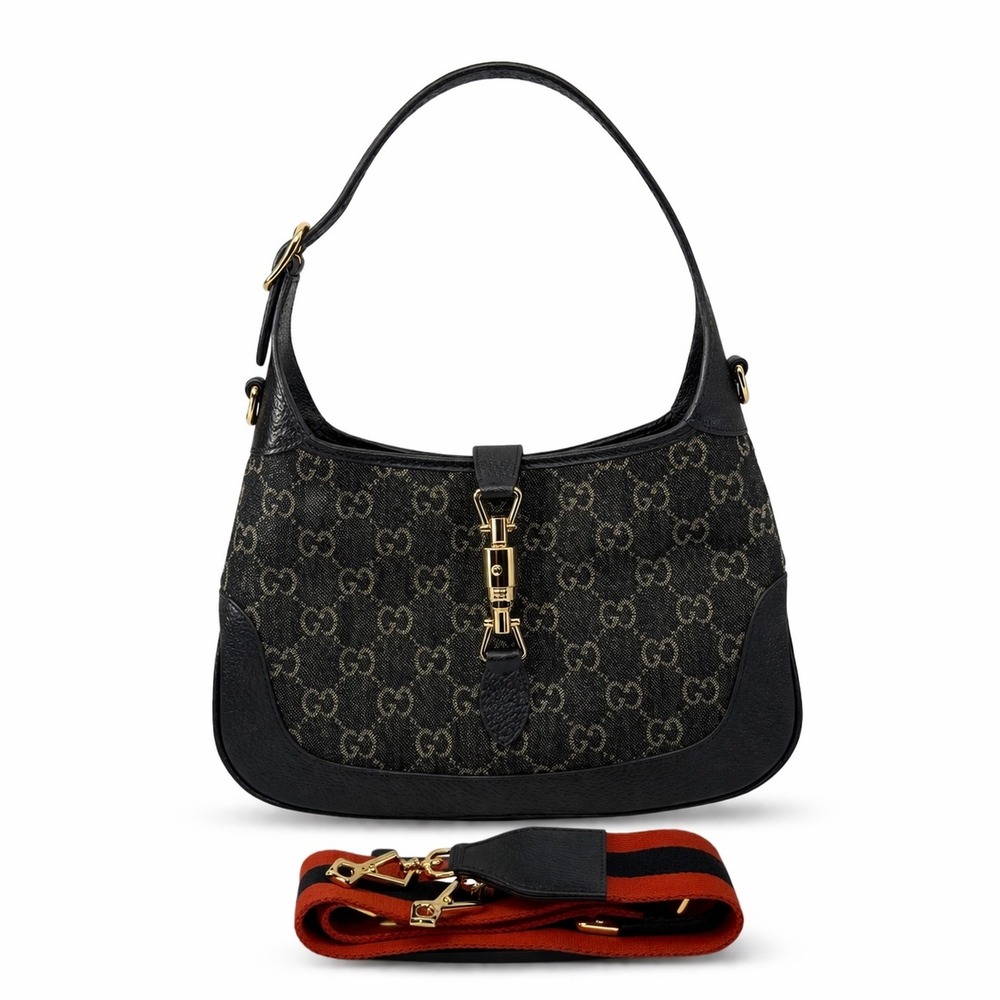 Gucci Jackie 1961 Small Black Denim GG Bag w/ Leather + Web Straps - Picture 1 of 7